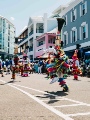 A gombey troupe is dancing.
