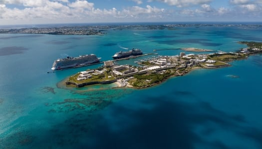 Aerial of Bermuda with cruise ships.