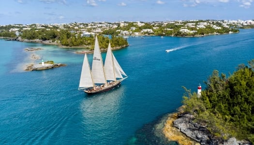 Aerial of Sprit of Bermuda Sloop sailing in the sound.