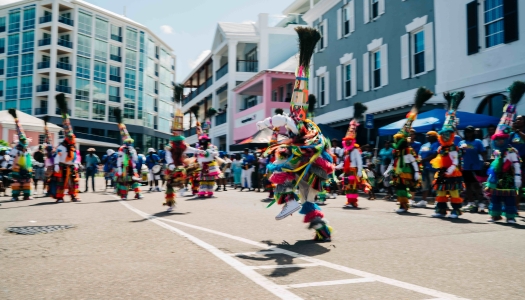 A gombey troupe is dancing.