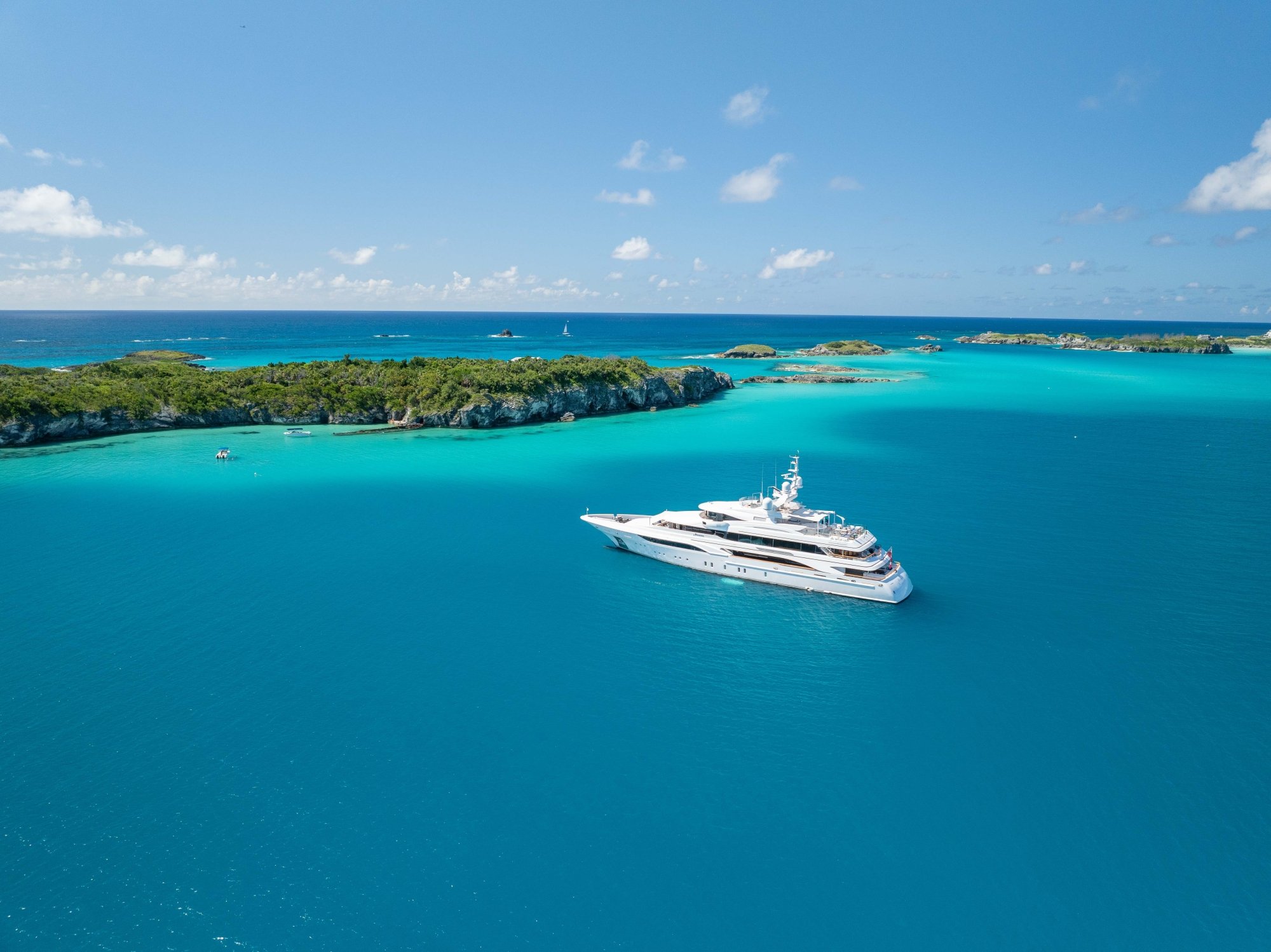 Aerial of Super Yacht in Castle Harbour.